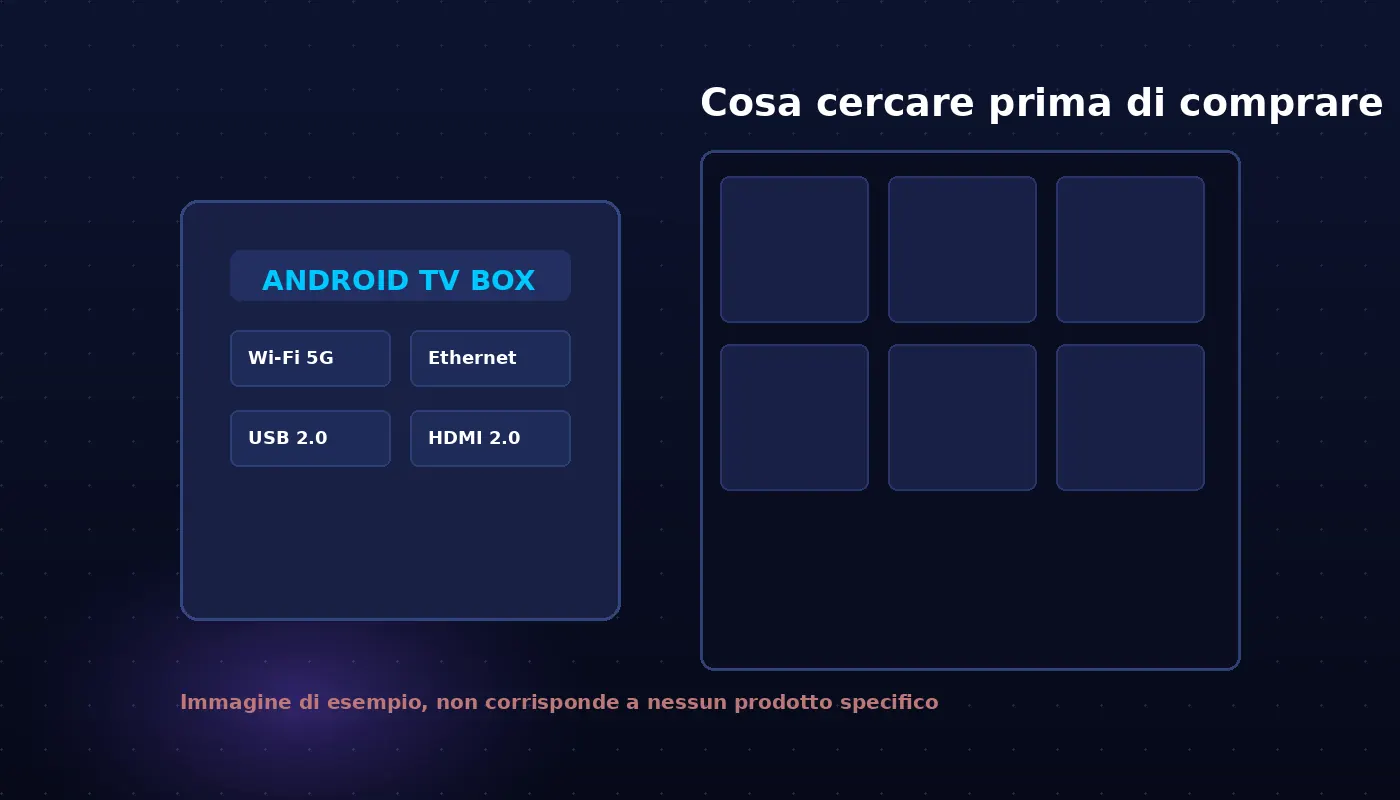 Schema di una TV box Android generica con etichette per Wi-Fi, Ethernet, USB e HDMI