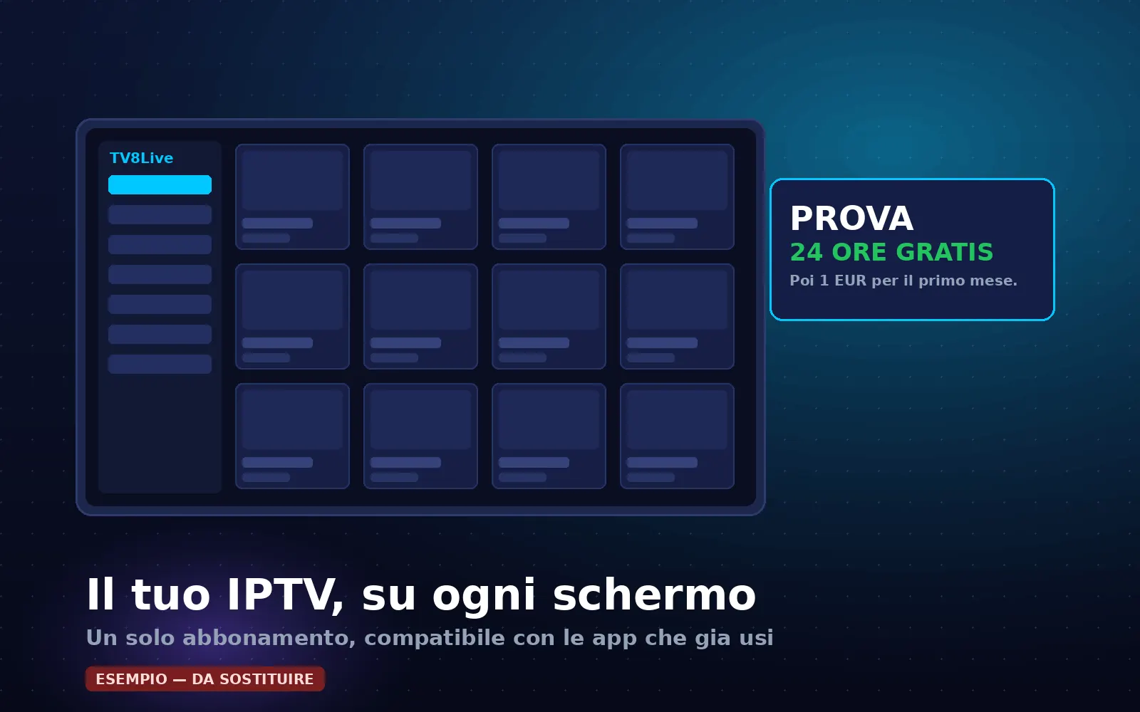 Interfaccia del player IPTV TV8Live con griglia di canali live e sezione VOD