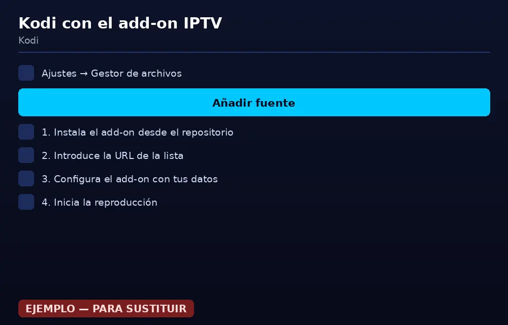 Pantalla de configuración del cliente PVR IPTV Smarters en los ajustes de Kodi