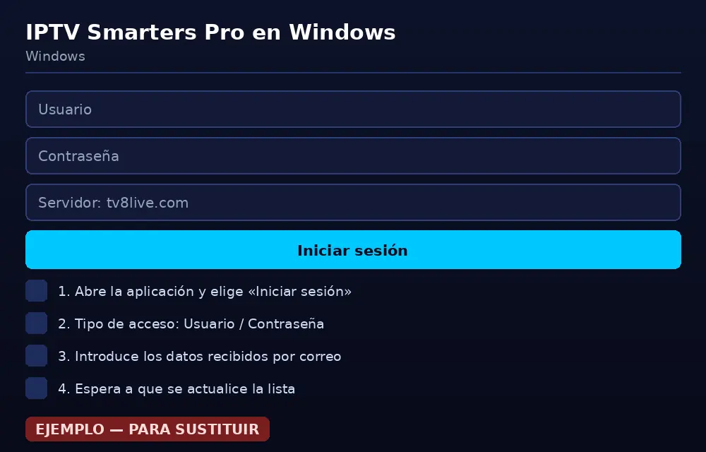 Pantalla de acceso de IPTV Smarters Pro con los campos host, usuario y contraseña